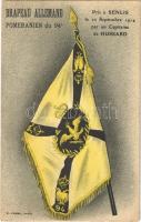 Drapeau Allemand. Pomeranien du 94. Pris a Senlis le 10 Septembre 1914 par un Capitaine de Hussard / WWI French military art postcard, captured German flag (EK)