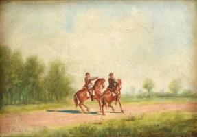 Perlmutter Imre (1870 k.-1935): Lovasok. Olaj, fa, jelzett, dekoratív fa keretben, 11×15,5 cm