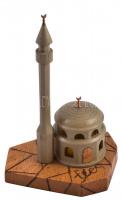 1974 Pécsi emléktárgy, dzsámi minarettel, fém és fa, a talapzat alján feliratozott, m: 21 cm