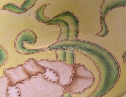 Szecessziós stílusú asztali kínáló, fajansz és réz elemekből, kis kopásnyomokkal, 32×26 cm