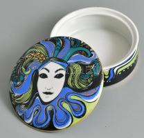 Hollóházi Vészabó Noémi porcelán bonbonier, matricás, jelzett, hibátlan, m: 4,5 cm, d: 11,5 cm