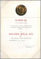 1971-1974 Schiffer Pál (1939-2001) filmrendező, forgatókönyv író Balázs Béla díj III. fokozatát adományozó oklevél, rajta Ilku Pál (1912-1973) művelődésügyi miniszter aláírásával, valamint 20. Internationale Westdeutsche Kurzfilmtage Oberhausen 1974 oklevele.