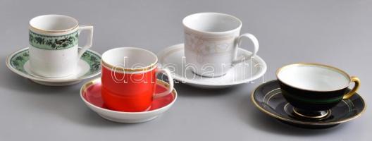 4 klf porcelán kávéscsésze aljjal, Zsolnay, Alföldi, Hollóházi és Schlaggenwald jelzésekkel, kézzel festettek, kicsit kopottak vagy hibátlanok, d: 9,5-12 cm, m: 4-6 cm