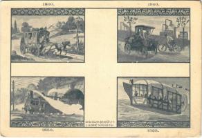 Nürnberg, Nuremberg; 1800, 1850, 1900, 1925 / modes of transport in 1800 (horse-drawn carriage), 1850 (locomotive), 1900 (automobile and bicycle) and in 1925 (in the future) S. Bonné Art Nouveau (EK)