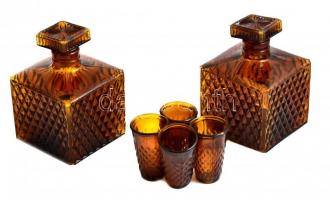 Sárga üveg likőrös készlet fa ládikában, 2 db kiöntő + 4 db felespohár, anyagában színezett, jelzett...