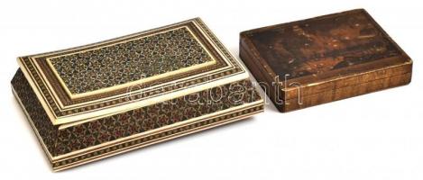 Mozaikberakásos fa doboz + cigarettatartó fa doboz, mindkettő sérüléssel, 18×12 és 12×10 cm