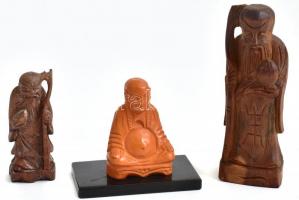 3 db ázsiai figura, fa és műgyanta, jó állapotban, m: 6-9,5 cm