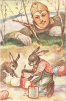 Húsvéti üdvözlet. Márton L.-féle Cserkészlevelezőlapok Kiadóhivatala / WWII Hungarian military art postcard with Easter greetings, soldier with rabbits and eggs s: Márton L. (EK)