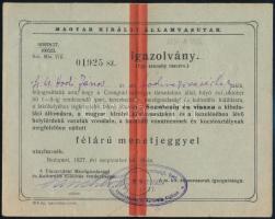 1927 MÁV igazolvány félárú menetjeggyel való utazáshoz