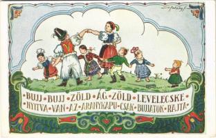 Bújj, bújj zöld ág... Magyar folklór művészlap. R.J.E. / Hungarian folklore art postcard, folk song s: Pataky Ferenc