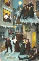 Prosit Neujahr! / New Year greeting card with drunk people on the streets on New Years Eve (EK)