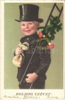 Boldog Újévet! / New Year greeting card with chimney sweeper boy, horseshoe and mushroom (EK)
