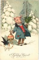 1932 Boldog Újévet! / New Year greeting art postcard with pig gentleman, money and clovers (apró szakadás / tiny tear)