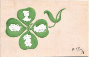 1901 Art Nouveau Emb. litho greeting card with clover and lady heads. B.R.W. 332.