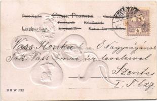 1901 Art Nouveau Emb. litho greeting card with clover and lady heads. B.R.W. 332