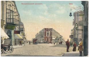 Baku, Bacou; Perspective Welikokniasheski / street view, horse-drawn tram, shops (wet damage)