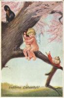 Gestörtes Liebesidyll / Children art postcard, romantic couple s: H. Zahl (kopott sarkak / worn corners)