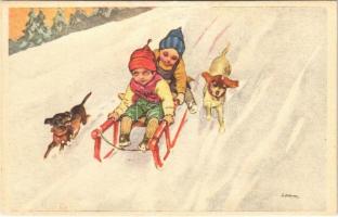 Children art postcard, winter sport, sled, dogs. Anna & Gasparini 720-1. artist signed