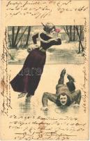 1904 Romantic couple, ice skate, humour, winter sport. Art Nouveau s: A. Torello