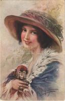 1917 Treue Freunde / Lady art postcard, monkey s: Dietze (EK)