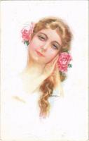 Italian lady art postcard, roses. ERKAL No. 302/1. s: Usabal (gyűrődés / crease)