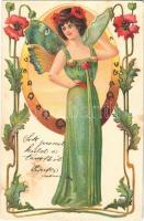 1900 Art Nouveau butterfly lady art postcard. Floral, litho (EK)