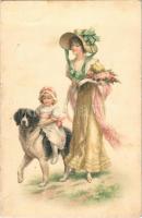 1918 Lady art postcard with child riding a dog. M. Munk Vienne Nr. 831. artist signed (EK)