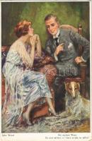 1927 Ein ernstes Wort / Lady art postcard, romantic couple with dog s: John Wood (EK)