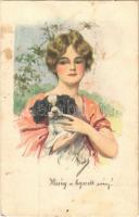 1925 Lady art postcard, dog. B.K.W.I. 534-4. artist signed (fl)