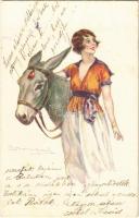 1922 Italian lady art postcard, lady with mule. Proprietá Artistica riservata 639-3. s: Bompard