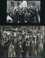 cca 1960 Május elsejei felvonulás Budapesten, 2 db fotó, 9×14 és 13×18 cm