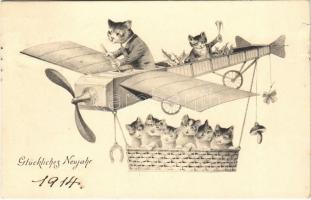 Újévi üdvözlet, macskák repülőgépben / Glückliches Neujahr / New Year, cats in aircraft. H.H. i. W. Nr. 818. (szakadások / tears)