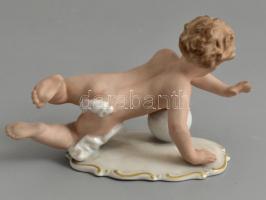 Wallendorf porcelán puttó, kézzel festett, jelzett, kis kopásnyomokkal, h: 16 cm