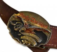 Harley Davidson bőr öv, fém csattal, kopott, csat: 6x7,5 cm, teljes: 112 cm