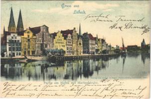 1902 Lübeck, Partie am Hafen mit Marienkirche / port, church (EK)