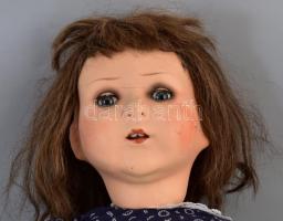 Antik belga papírmasé testű és fejű baba, mozgó szemmel, sérülésekkel, m: 60 cm