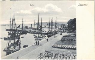Sassnitz, Saßnitz (Insel Rügen); Hafen / port, sailing vessels, boats, steamship, quay