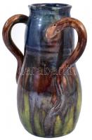 Mázas kerámia kígyófüles váza, jelzés nélkül, kopásnyomokkal, m: 18,5 cm