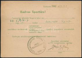 1948 Az FTC postán feladott lapja, melyben Ivándy Iván intéző meghívja Tóth István sporttársát edzésre