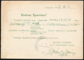 1947 Az FTC postán feladott lapja, melyben Ivándy Iván intéző meghívja Tóth István sporttársát edzésre, ujjlenyomatos
