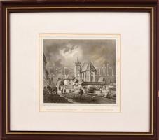 cca 1860 Ludwig Rohbock (1820-1883) - J(ohann) Poppel (1807-1882): Szászváros főpiacz és templom, acélmetszet, papír, paszpartuban, üvegezett fa keretben, 12x15,5 cm