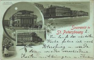 1898 (Vorläufer) Saint Petersburg, St. Petersbourg; Theatre dAlexandre, La Bourse, Palais de Marbre / theatre, stock exchange, palace. Louis Glaser Art Nouveau, floral, litho
