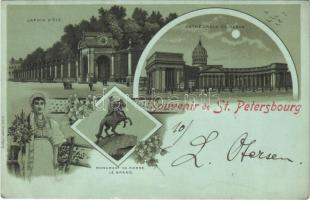 1898 (Vorläufer) Saint Petersburg, St. Petersbourg; Jardin dÉté, Cathédrale de Kasan, Monument de Pierre le Grand / cathedral, statue, garden park, folklore. Louis Glaser Art Nouveau, floral, litho