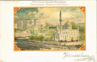 1899 (Vorläufer) Constantinople, Istanbul; Parade am Yildiz Kiosk. Orientreise d. Deutschen Kaiserpaares / Parade during the visit of the German royal youple. Memorial litho art postcard