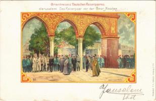 1899 (Vorläufer) Jerusalem, Das Kaiserpaar vor der Omar Moschee. Orientreise d. Deutschen Kaiserpaares / mosque during the visit of the German royal youple. Memorial litho art postcard