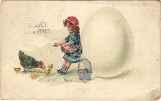 Boldog húsvéti ünnepeket! kislány tojással és csibékkel / Easter greeting, little girl with egg and chicken. S.B. 5329. Emb. litho (EM)