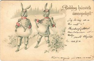 1900 Boldog húsvéti ünnepeket! Nyulak tojás dobokkal / Easter greeting, rabbits with egg drums. litho (EK)