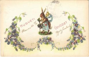 1900 Húsvéti üdvözlet. Nyúl csibékkel / Easter, rabbit with chicken. Floral, litho (EK)