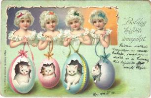 1900 Boldog húsvéti ünnepeket! Kislányok kismacskákkal tojásokban / Easter, little girls with cats in eggs. litho (EK)