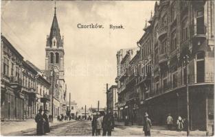 Chortkiv, Csortkiv, Czortków; Rynek / square, shops, Jewish men + K.u.K. Divisions Trainkommando Nr. 59. (EK)